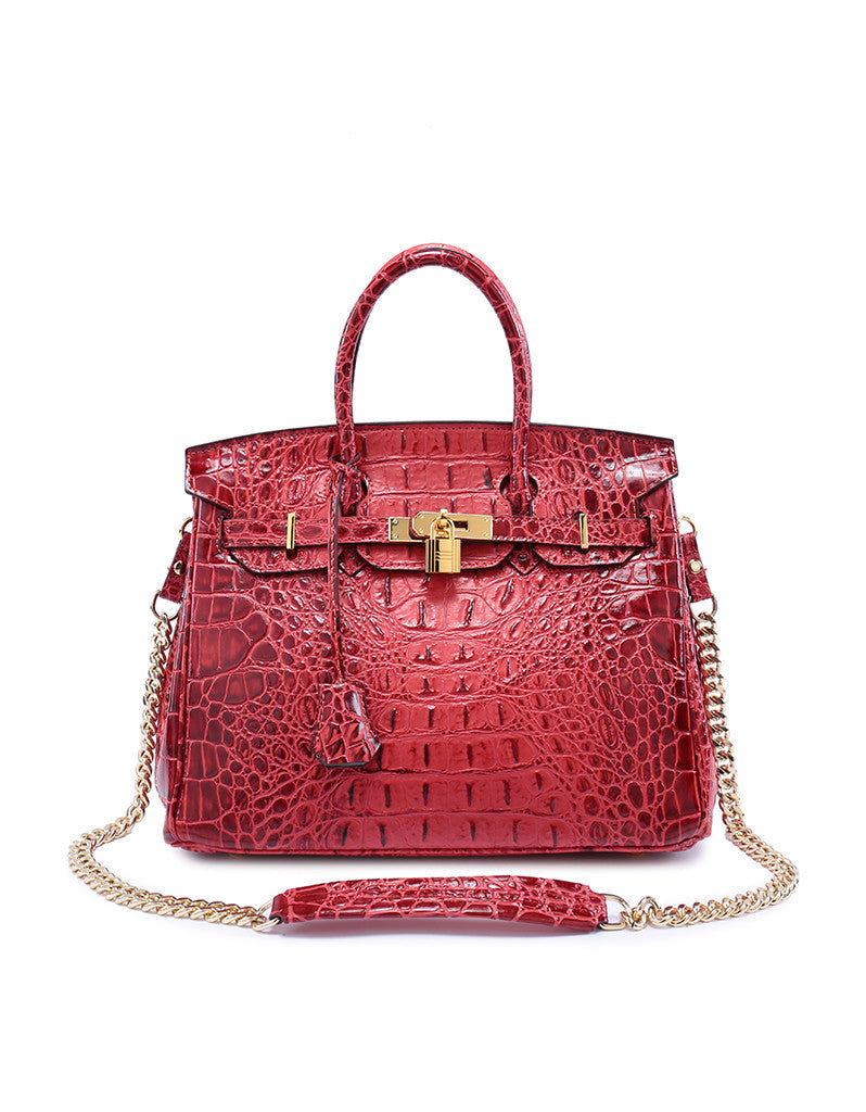 Small Size Red Croc-effect Leather Handbags Metal Lock Satchel
