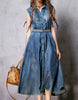 Sleeveless long flared denim dress